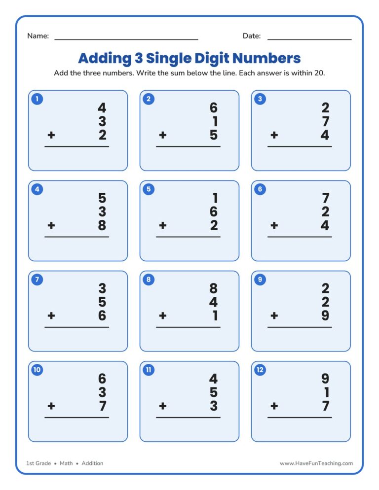 Adding 3 Single Digit Number Worksheet