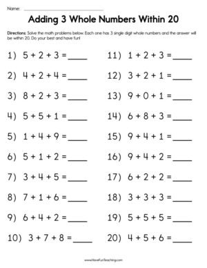 Adding 3 Whole Numbers within 20 Worksheet
