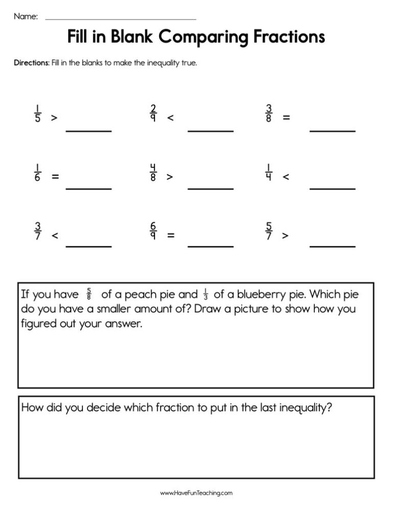 Fill in the Blank Comparing Fractions Worksheet