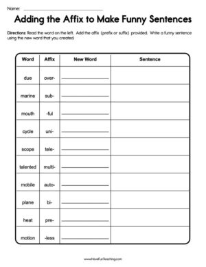 Adding the Affix to Make Funny Sentences Worksheet