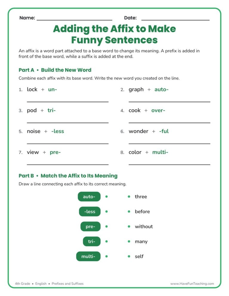 Adding the Affix to Make Funny Sentences Worksheet
