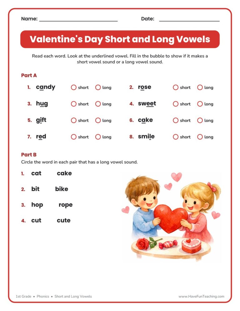 Valentine's Day Short and Long Vowels Worksheet