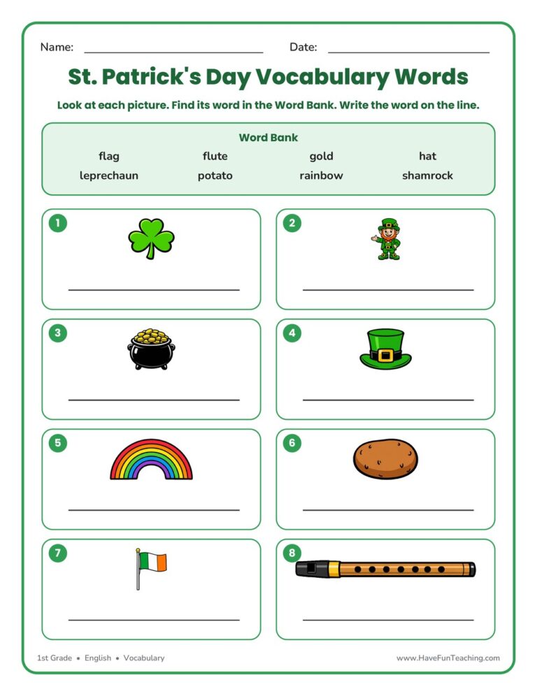 St. Patrick's Day Vocabulary Words Worksheet