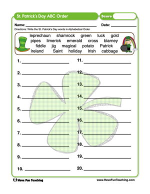 St. Patrick's Day Alphabetical Order Worksheet