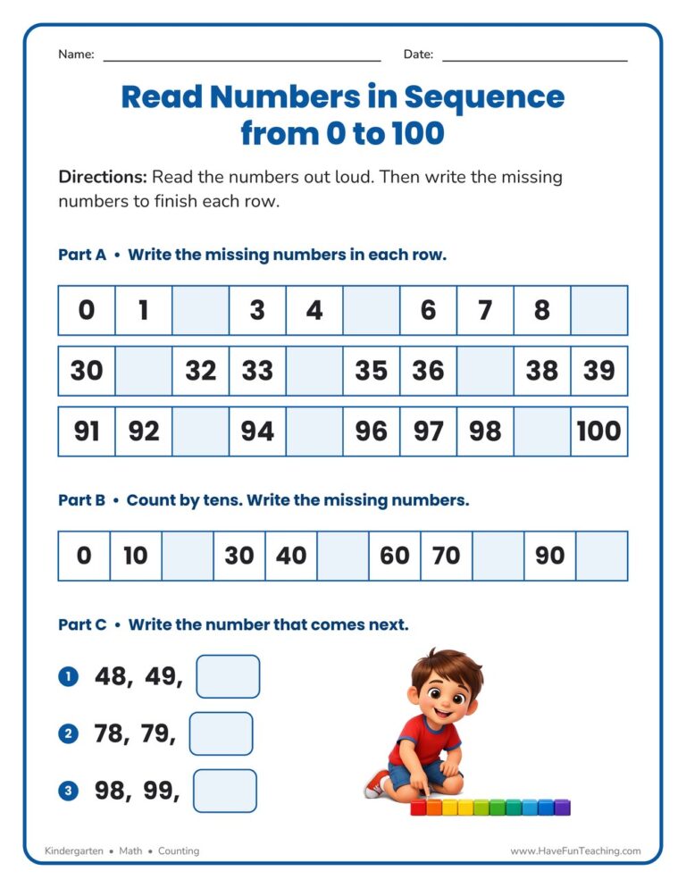 Read Numbers in Sequence from 0 to 100 Worksheet