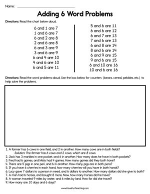 Adding 6 Word Problems Worksheet