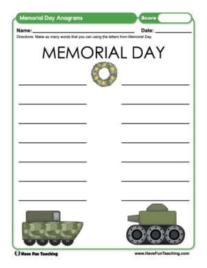 Memorial Day Anagrams Worksheet