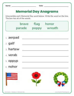 2nd Grade Memorial Day anagrams worksheet with six scrambled words and a word box