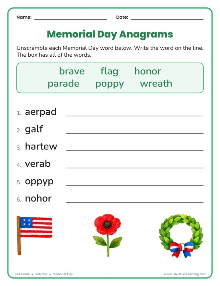 Memorial Day Anagrams Worksheet
