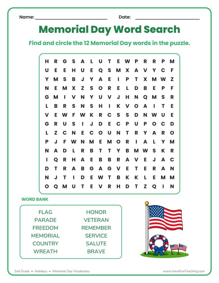 Memorial Day Word Search Worksheet
