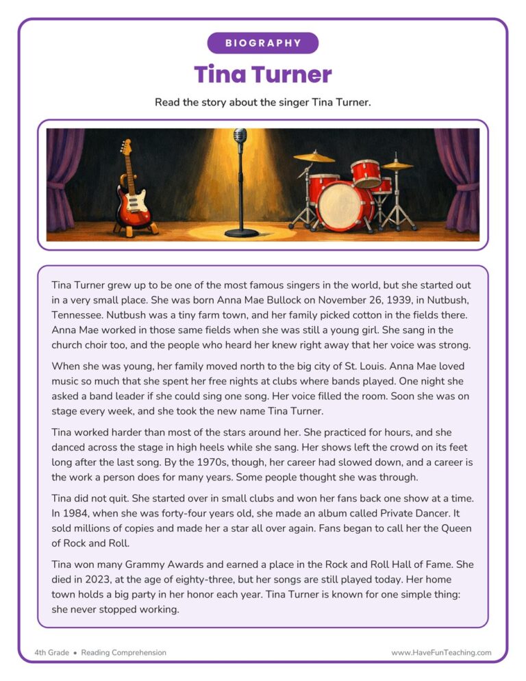 Tina Turner Reading Comprehension Worksheet
