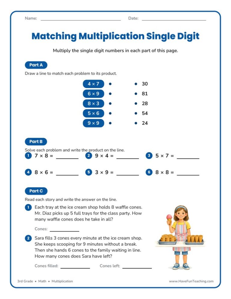 Matching Multiplication Single Digit Worksheet