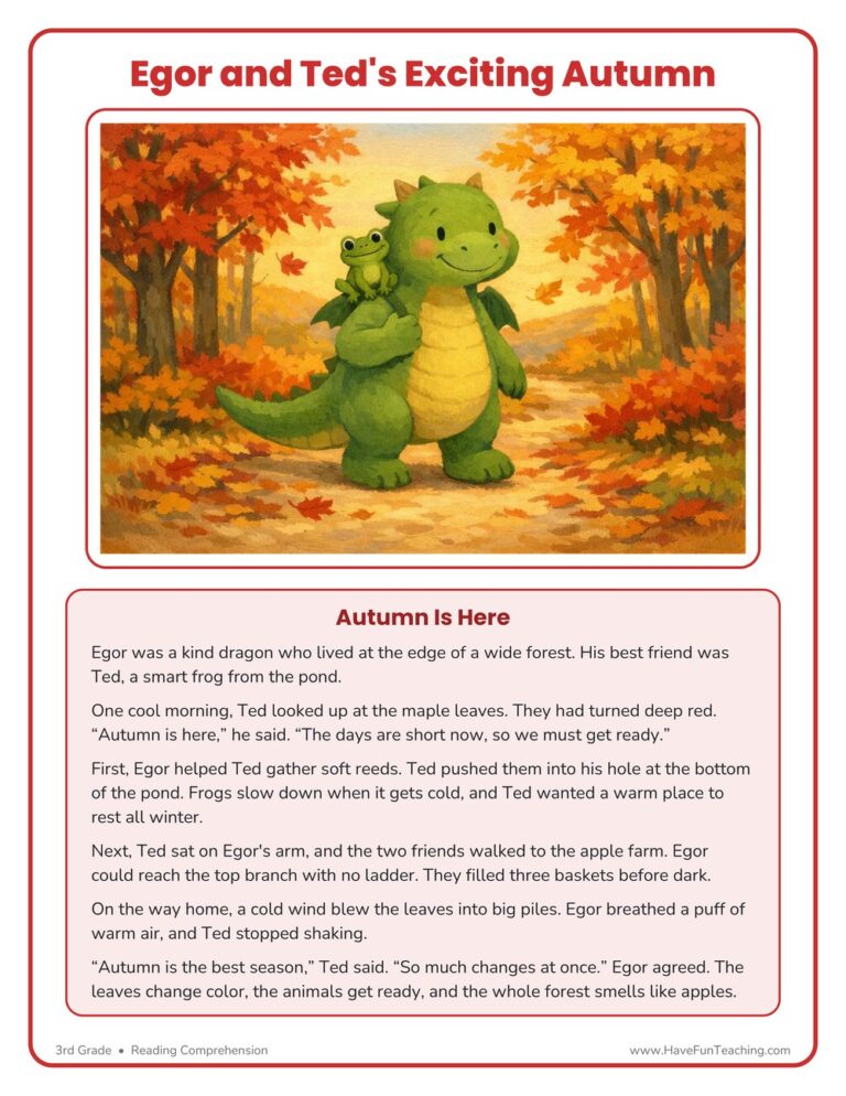 Egor and Ted's Exciting Autumn Reading Comprehension Worksheet