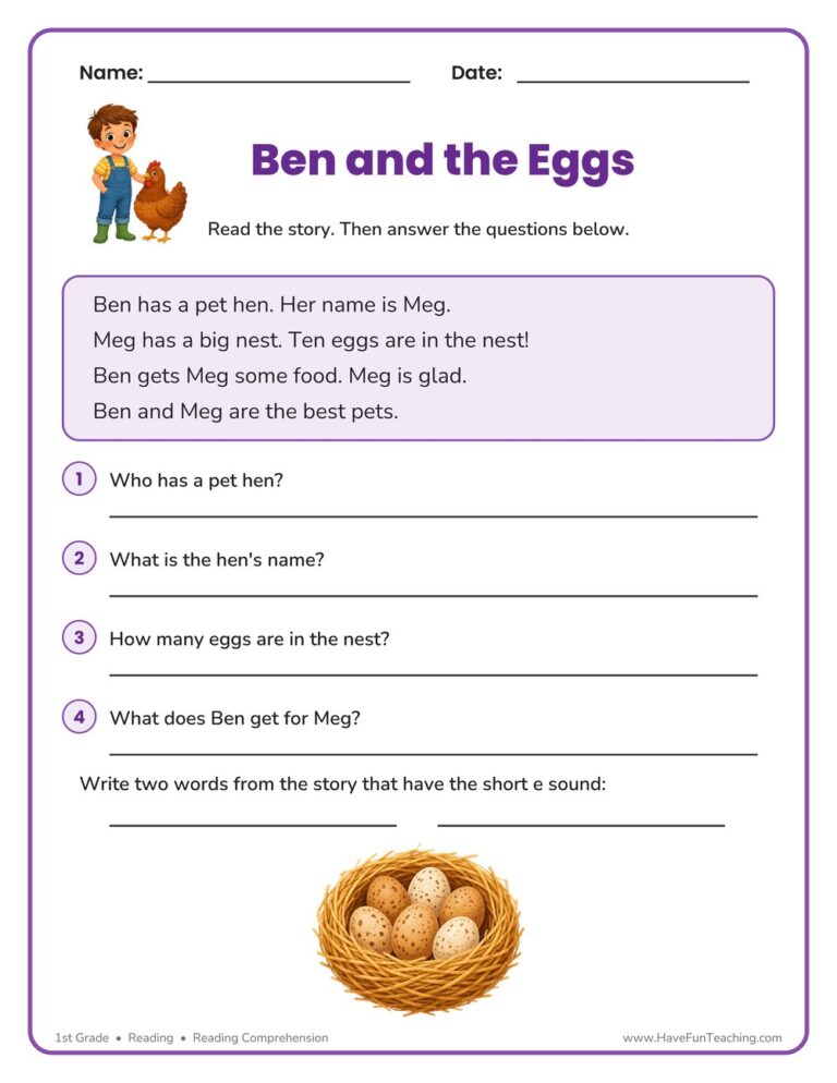 Ben and the Eggs Phonics Reading Comprehension Story Worksheet - Short Vowel E Sound