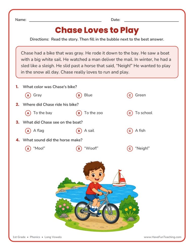 Chase Loves to Play Phonics Reading Comprehension Story Worksheet - Long Vowel A Sound