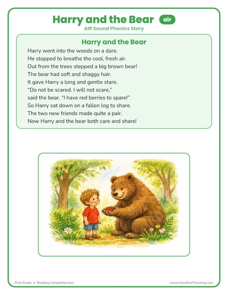 Harry and the Bear Phonics Reading Comprehension Story Worksheet - AIR Sound