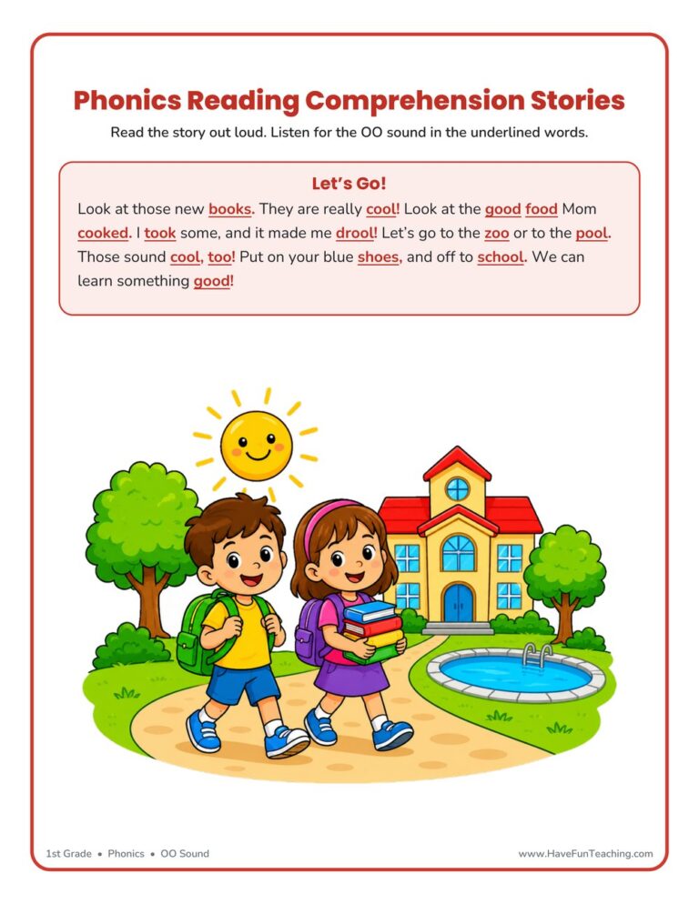 Let's Go Phonics Reading Comprehension Story Worksheet - OO Sound