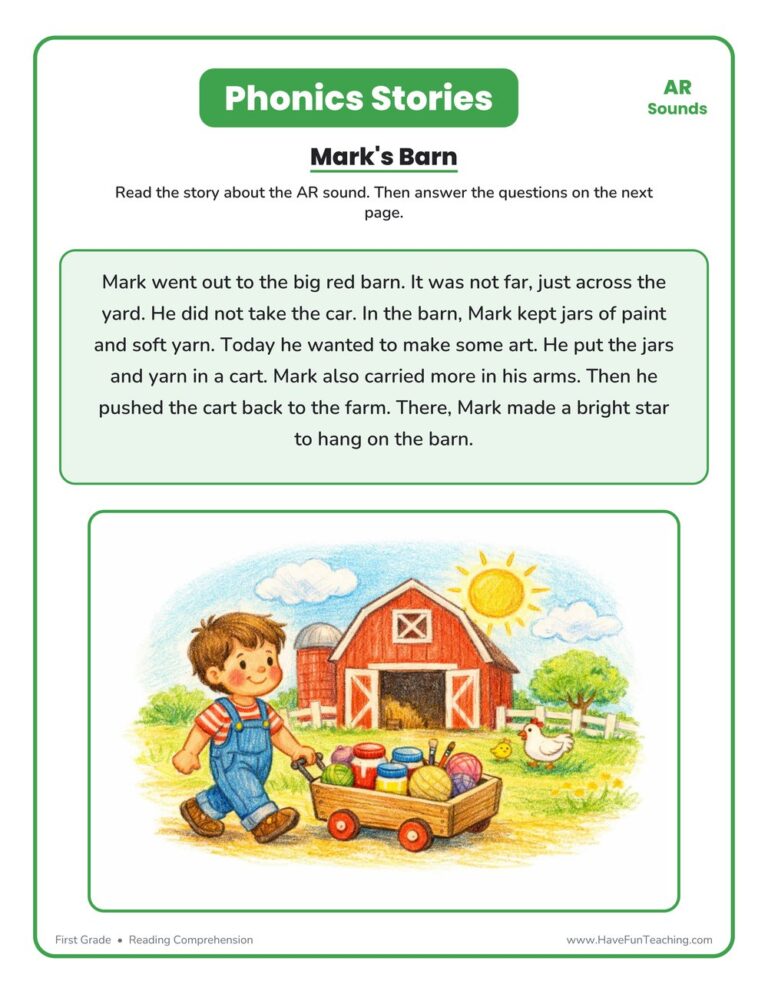 Mark's Barn Phonics Reading Comprehension Story Worksheet - AR Sound