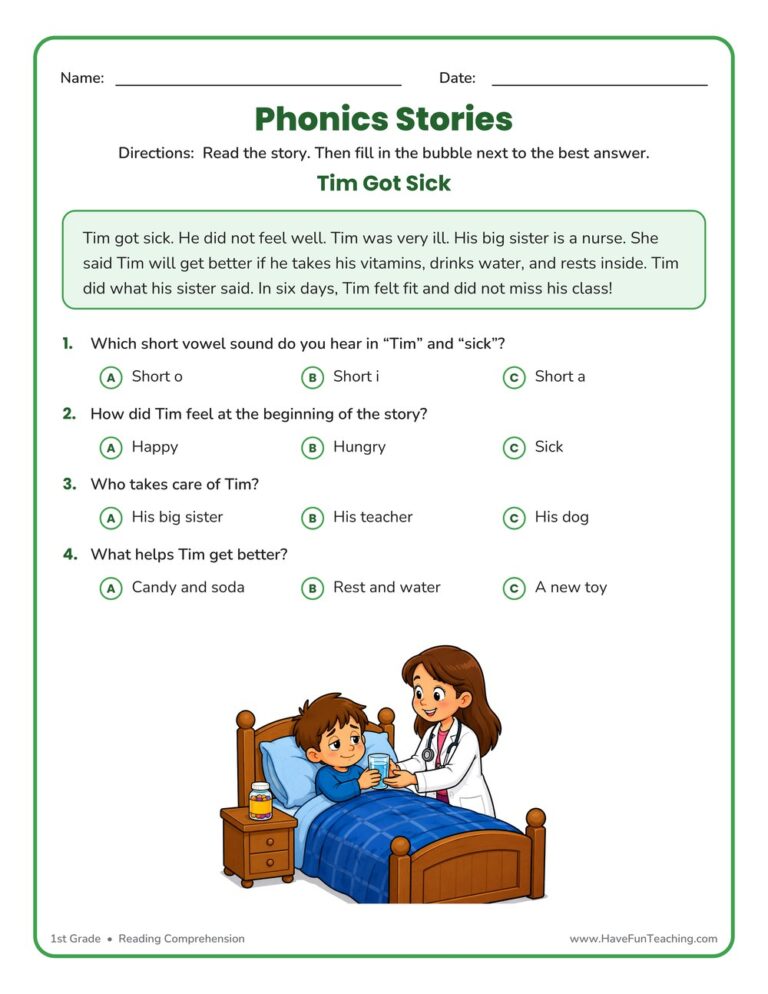 Tim Got Sick Phonics Reading Comprehension Story Worksheet - Short Vowel I Sound