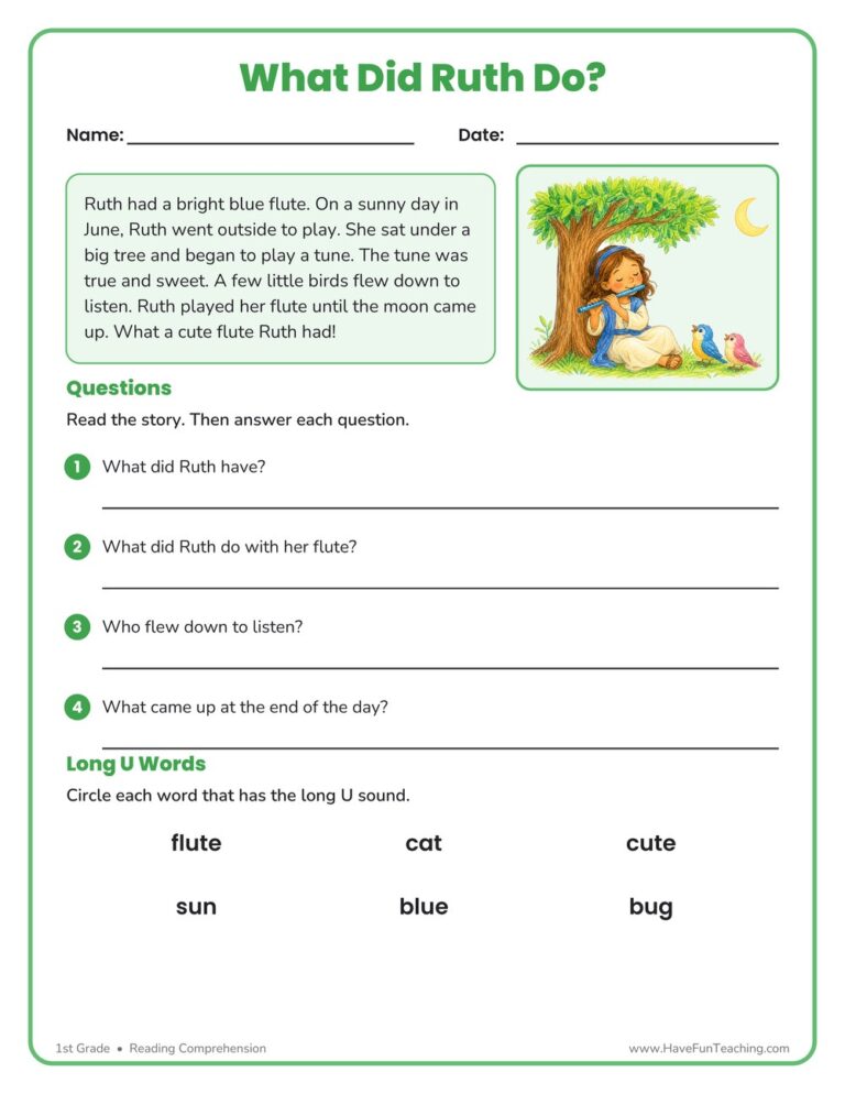 What Did Ruth Do? Phonics Reading Comprehension Story Worksheet - Long Vowel U Sound