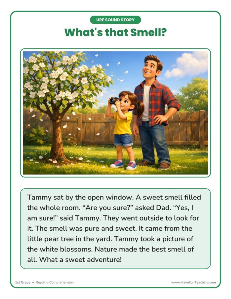 What's That Smell? Phonics Reading Comprehension Story Worksheet - URE Sound
