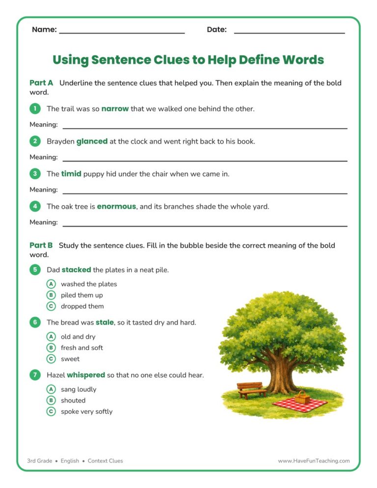 Using Sentence Clues to Help Define Words Worksheet