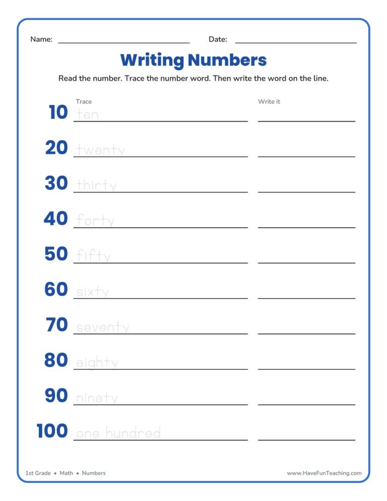 Write Numbers to 100 Worksheet