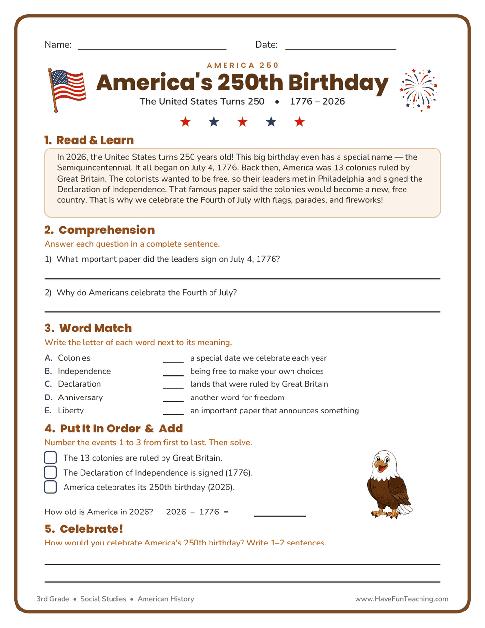 4th of July 250th anniversary worksheet for 3rd grade social studies