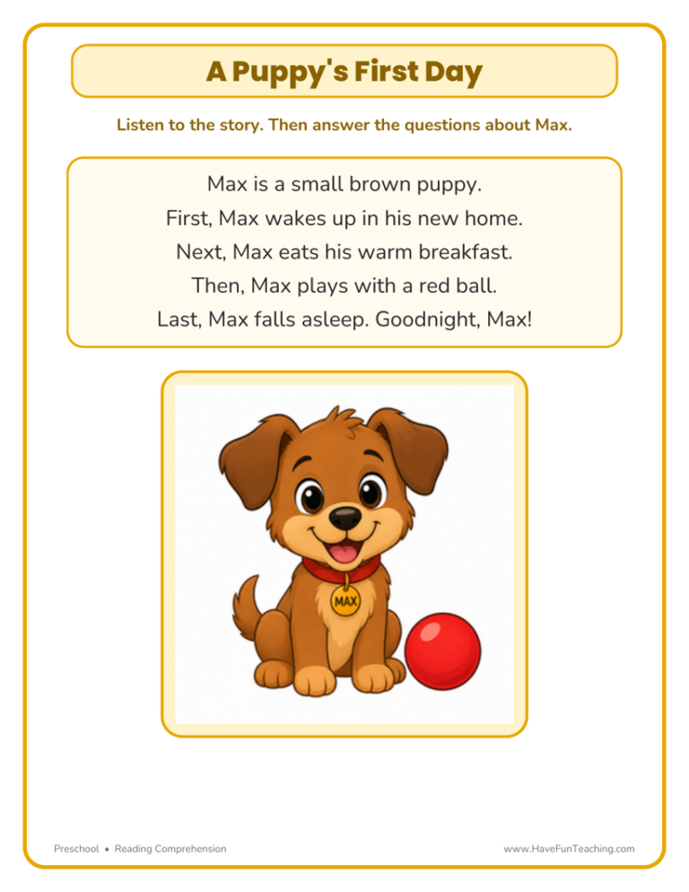 A Puppy's First Day Reading Comprehension Worksheet