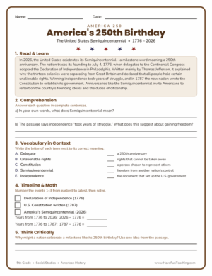 America 250 worksheet for 5th grade social studies