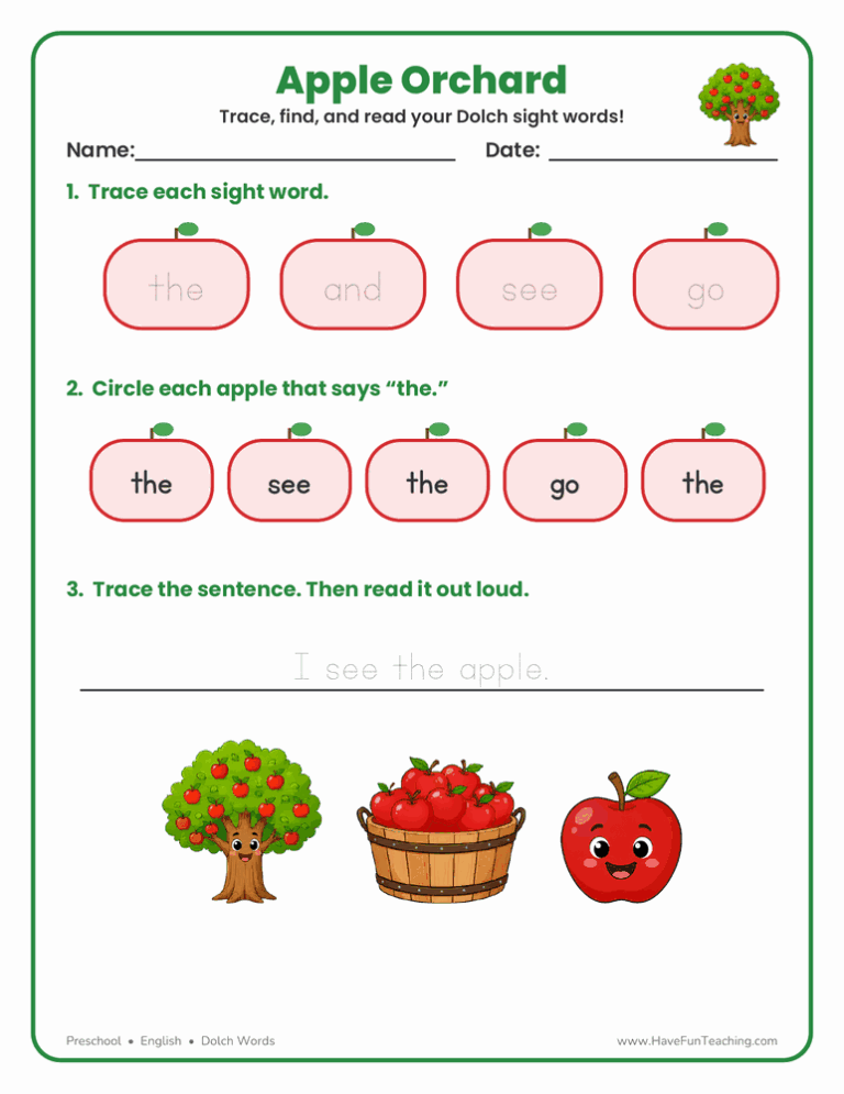 Apple Orchard Dolch Words Worksheet