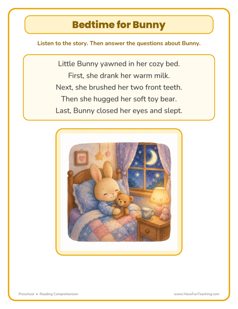Bedtime for Bunny Reading Comprehension Worksheet