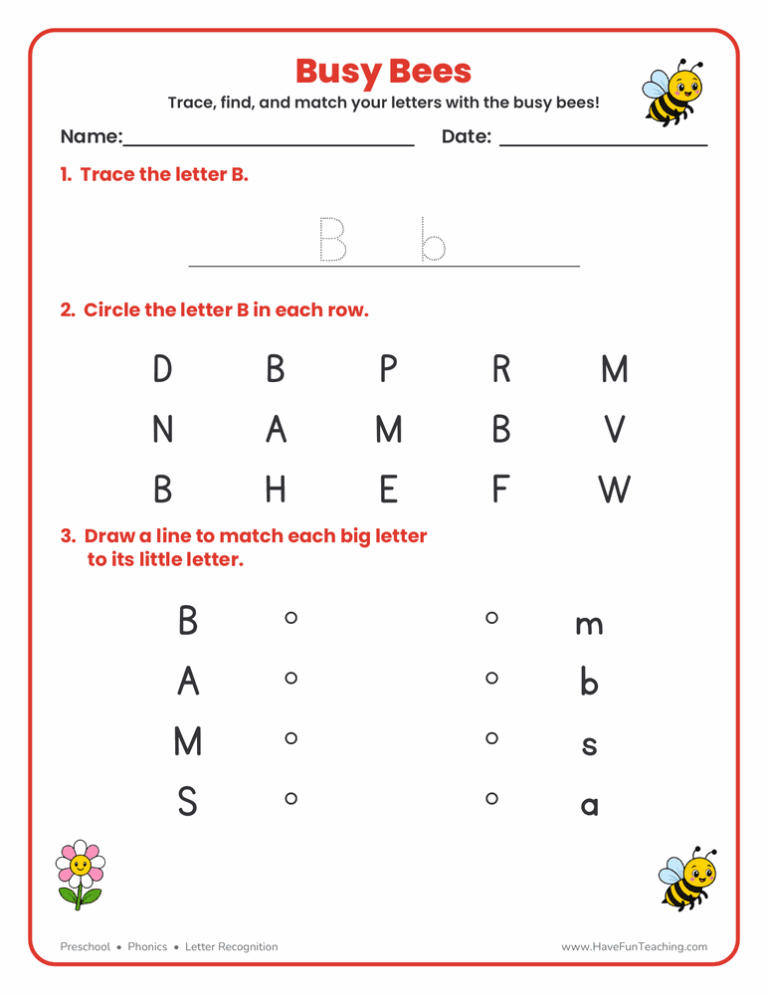Busy Bees Letter Recognition Worksheet