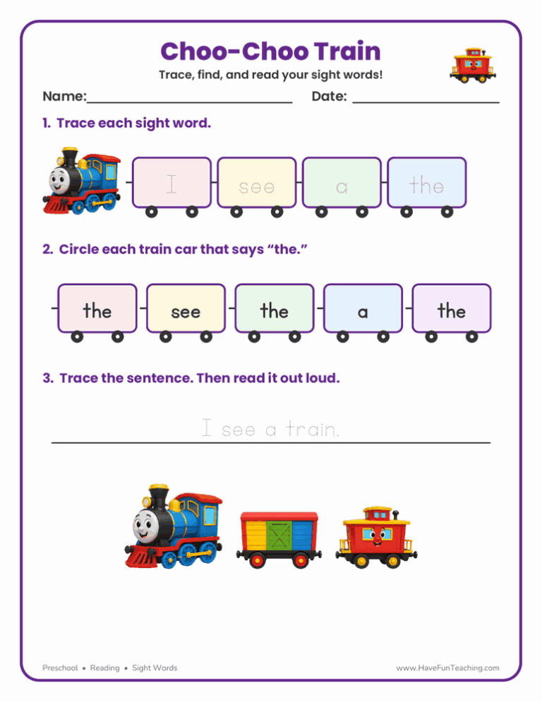 Choo-Choo Train Sight Words Worksheet