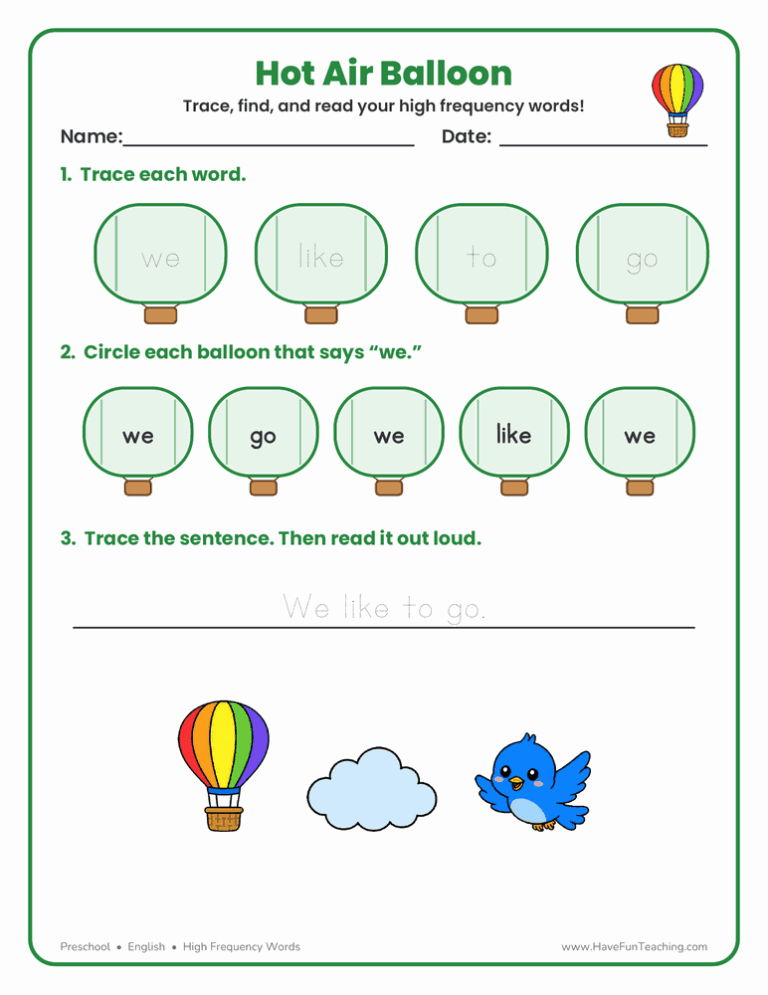 Hot Air Balloon High Frequency Words Worksheet