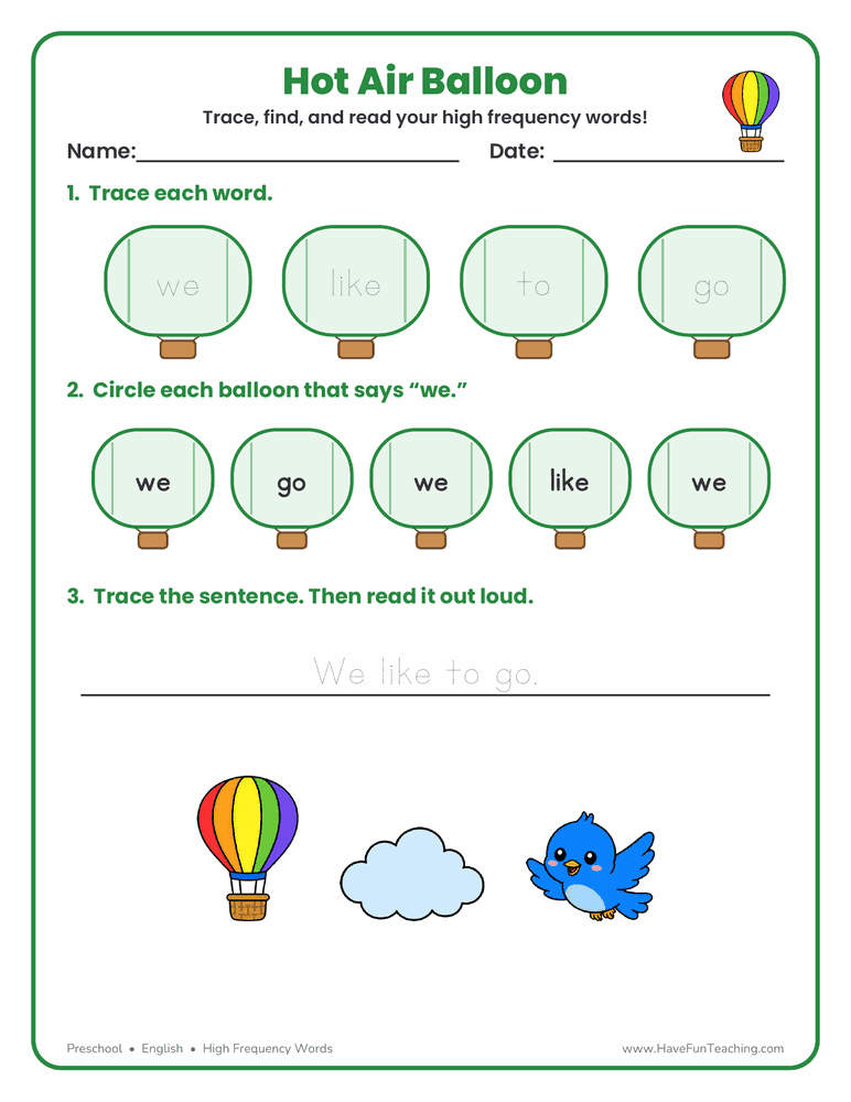 Preschool high frequency words worksheet with a hot air balloon theme