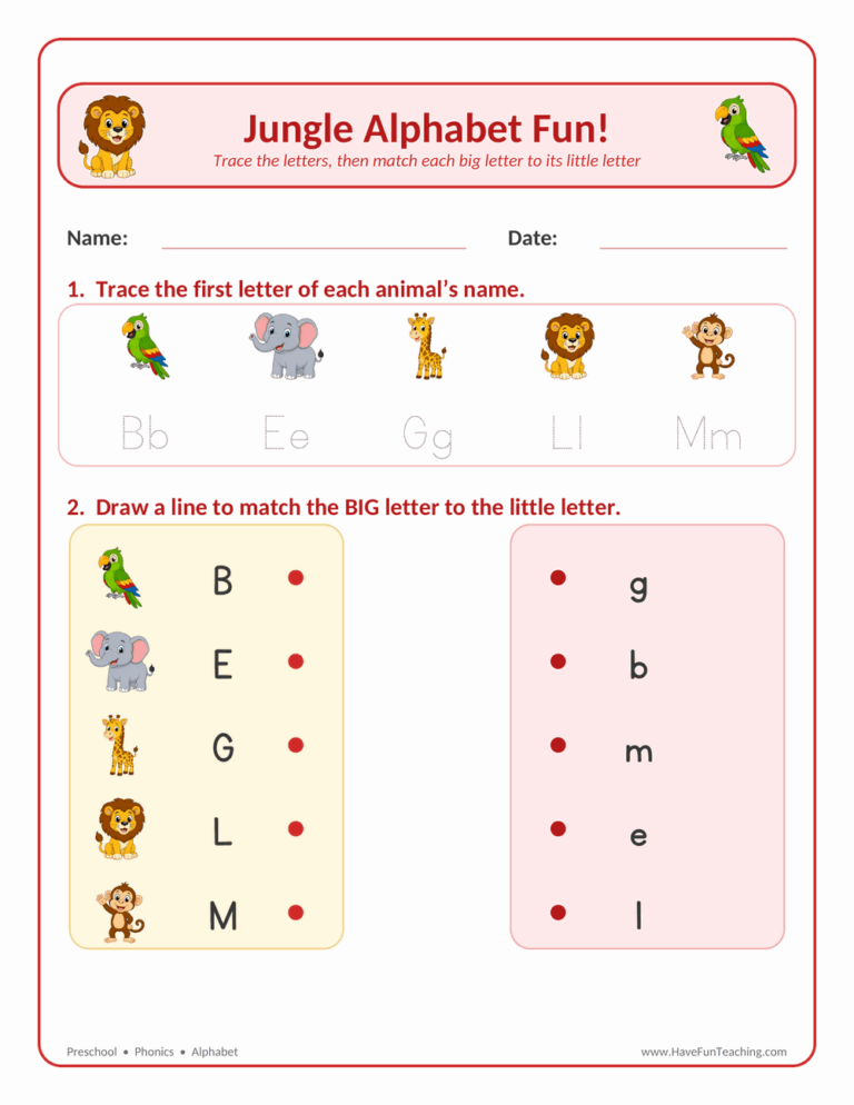 Jungle Animals Alphabet Worksheet