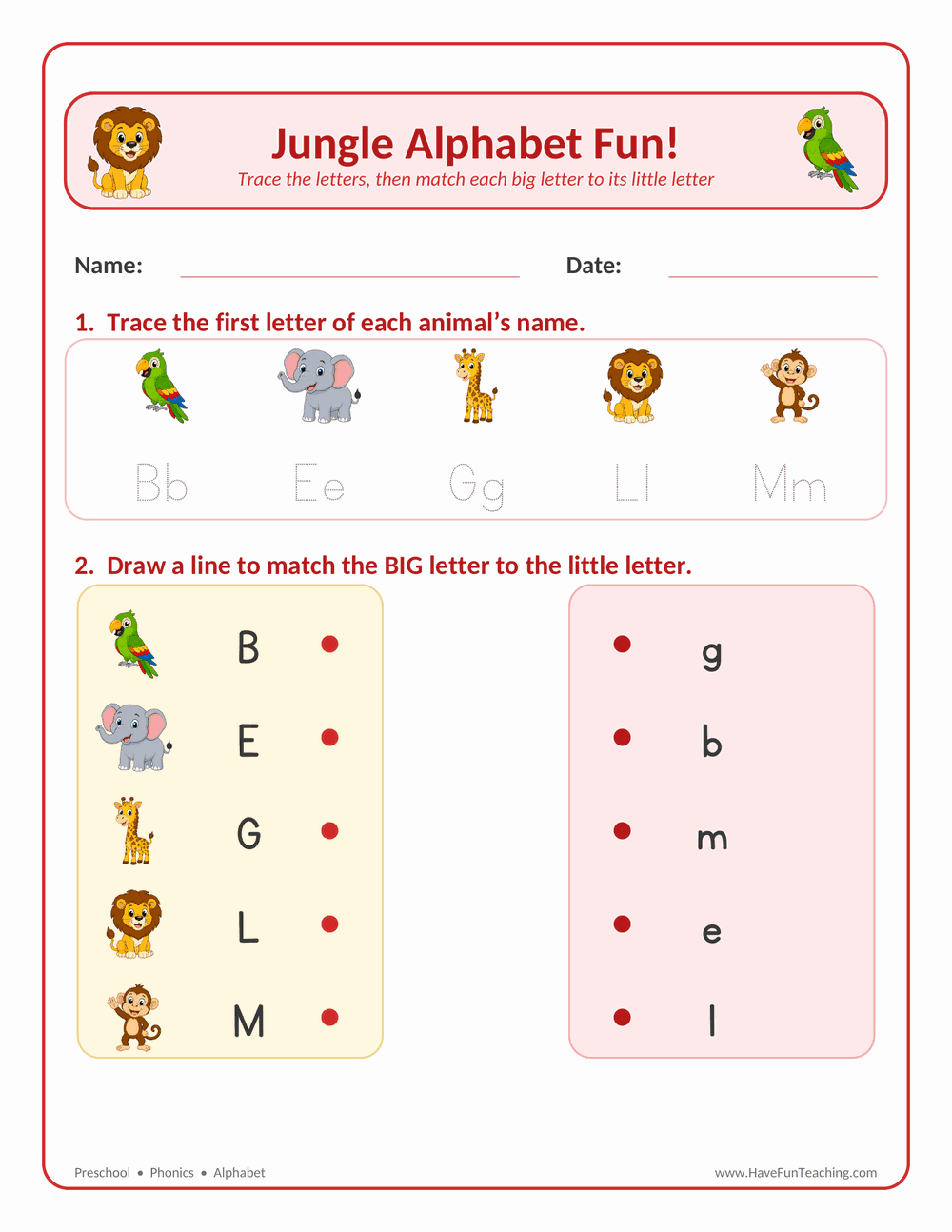 Jungle Animals Alphabet Worksheet