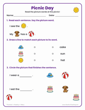 Picnic Day Rebus Reading Worksheet