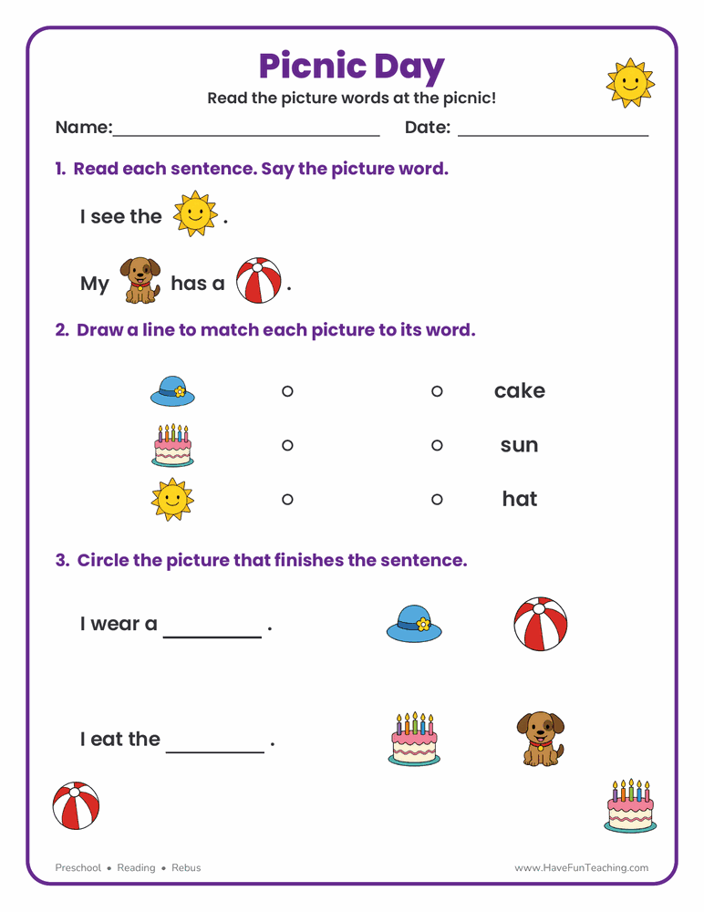 Picnic Day Rebus Reading Worksheet