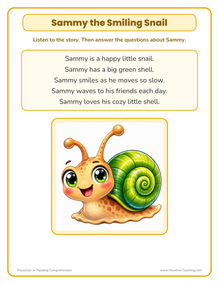 Sammy the Smiling Snail Reading Comprehension Worksheet