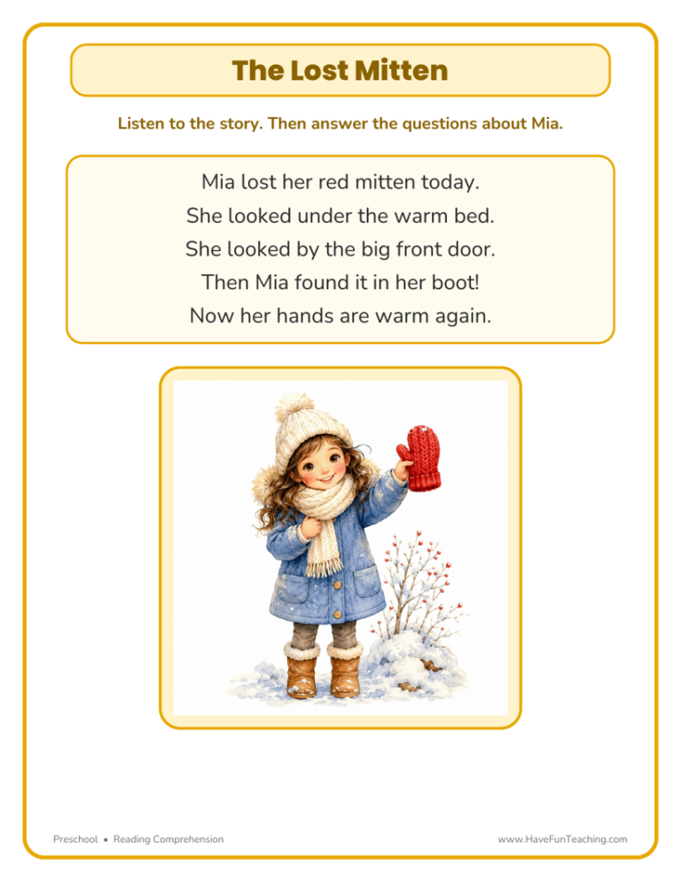 The Lost Mitten Reading Comprehension Worksheet