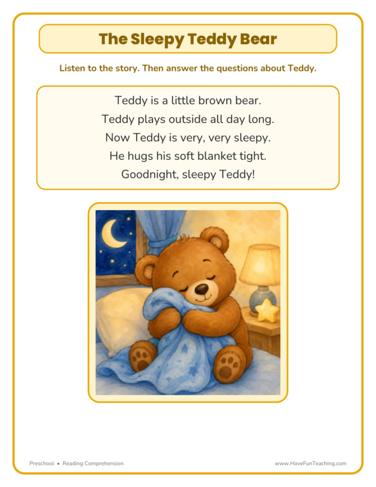 The Sleepy Teddy Bear Reading Comprehension Worksheet