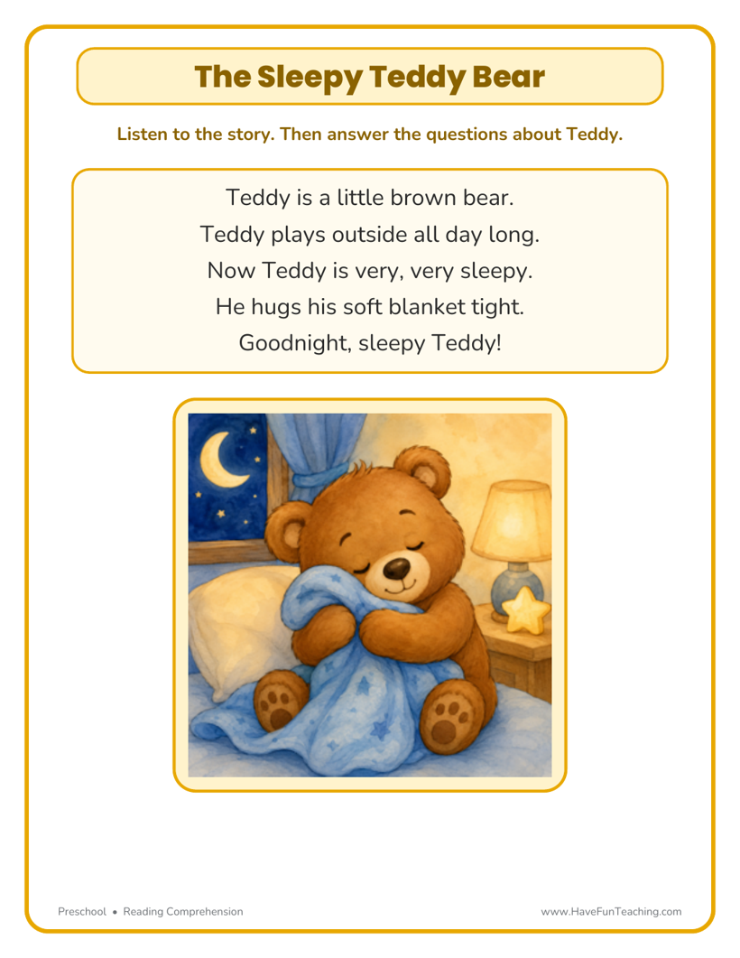Preschool reading comprehension worksheet about a sleepy teddy bear, with questions about the story characters