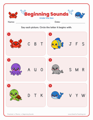 Under the Sea beginning sounds worksheet for preschool with ocean animals