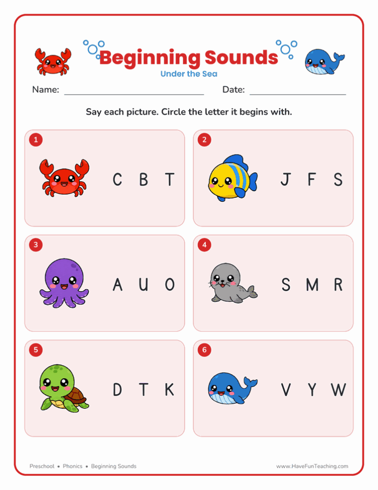 Under the Sea Beginning Sounds Worksheet