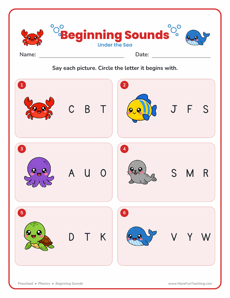 Under the Sea beginning sounds worksheet for preschool with ocean animals