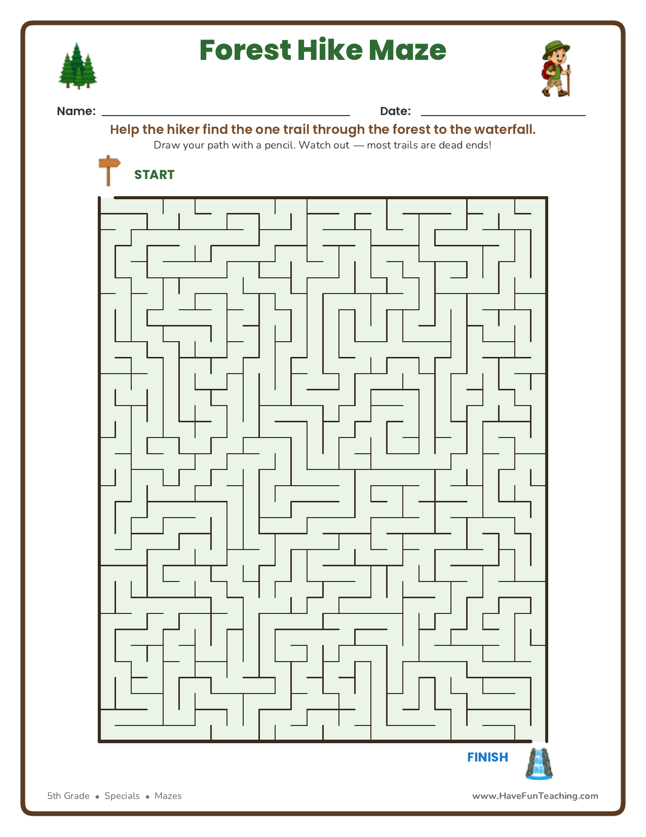 5th grade Forest Hike Maze worksheet with a hiker finding the trail to a waterfall