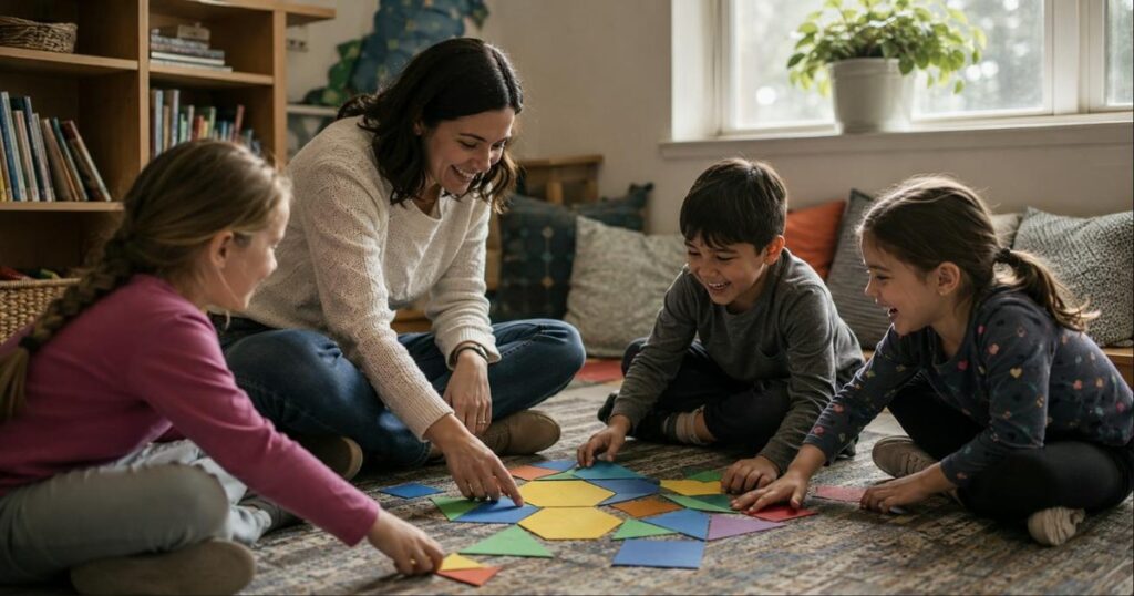 Teacher and three young students arranging colorful paper shapes on a rug during a geometry lesson