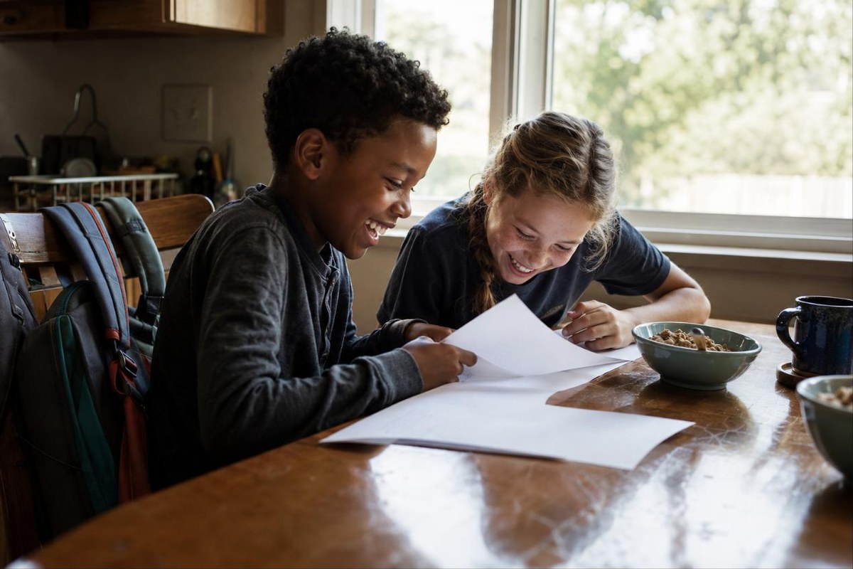 Two kids laughing over back to school activities worksheets at a sunny kitchen table